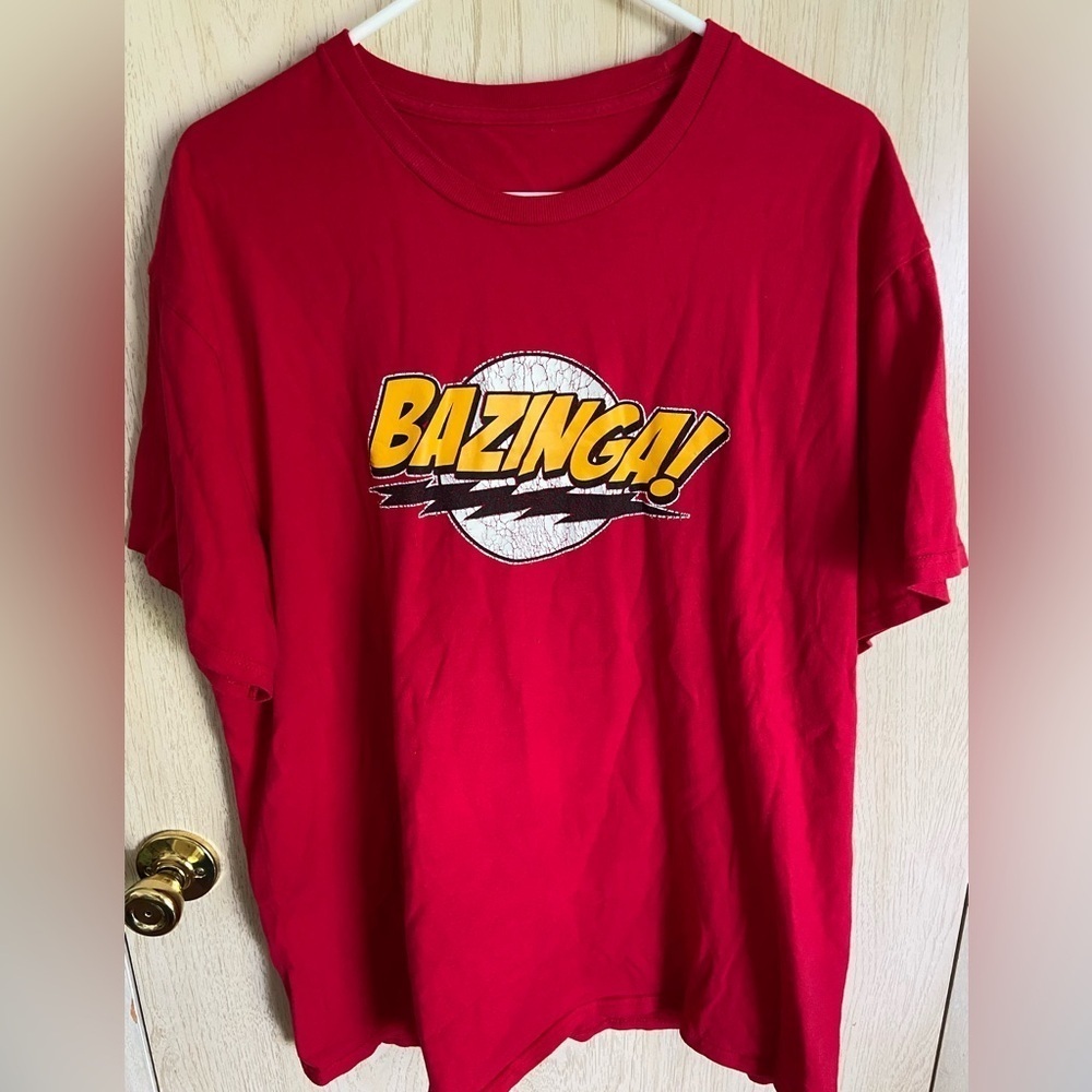 🩵 The Big Bang Theory BAZINGA Red Sheldon Cooper Shirt Sz XL